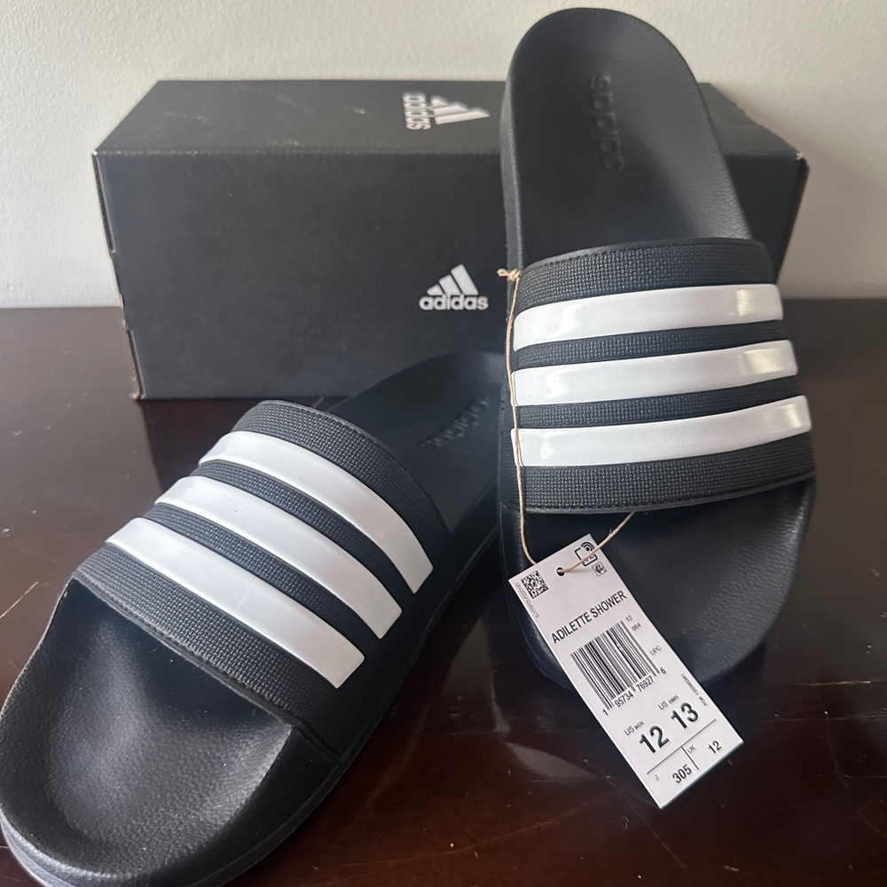 Adidas Black and White Striped Slides